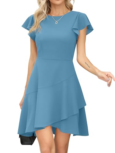 Missufe Cocktailkleid Flatterärmel Skater Kurz Partykleid Damen Rundhalsausschnitt Rüschen A Linien Abendkleid Kleider (Hellblau, XX-groß) von Missufe