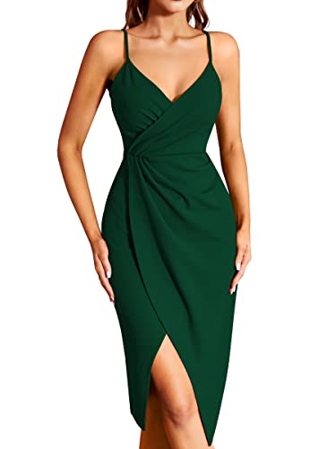 Missufe Cocktailkleid Partykleid Wickelkleid Sommerkleid Midikleid Damen Festliche Elegant Bodycon Hochzeit Abendkleider Ärmellos Spaghettiträger Kleider (Dunkelgrün, X-groß) von Missufe