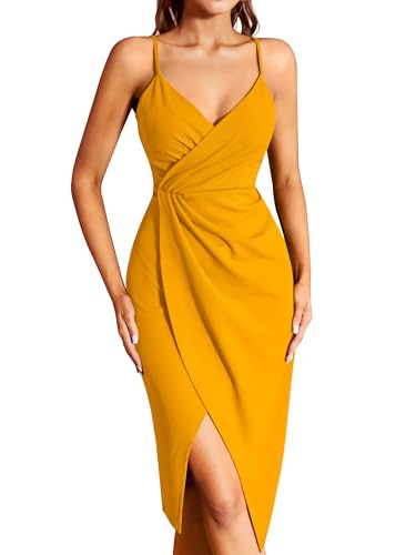 Missufe Cocktailkleid Partykleid Wickelkleid Sommerkleid Midikleid Damen Festliche Elegant Bodycon Hochzeit Abendkleider Ärmellos Spaghettiträger Kleider (Gelb, klein) von Missufe