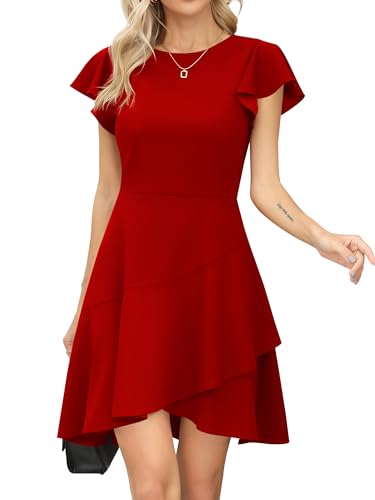Missufe Cocktailkleid Rundhalsausschnitt Flatterärmel Kurz Kleider Damen A Linien Rüschen Skater Partykleid Abendkleid (Rot, groß) von Missufe