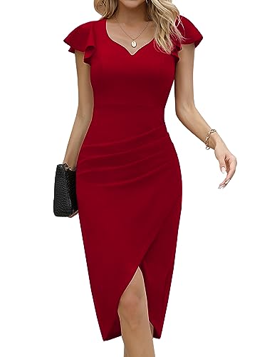 Missufe Cocktailkleid Wickelkleid Elegant Bodycon Midikleid Damen Partykleid Sommerkleid Vintage Rüschenkleid Kleider (Rot, Mittel) von Missufe