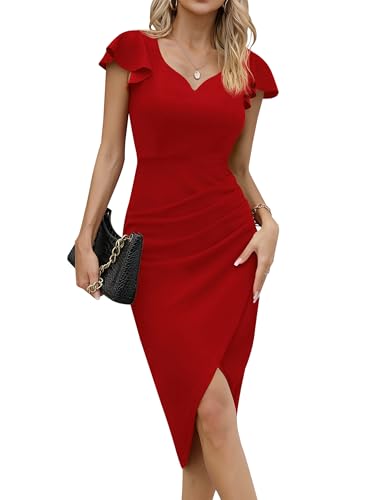Missufe Cocktailkleid Wickelkleid Elegant Bodycon Midikleid Damen Partykleid Sommerkleid Vintage Rüschenkleid Kleider (Rot, klein) von Missufe