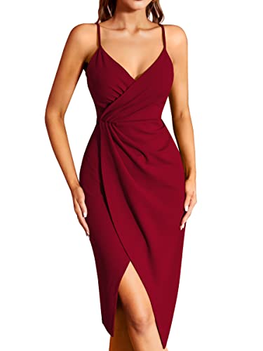 Missufe Cocktailkleid Wickelkleid Festliche Bodycon Abendkleider Damen Partykleid Sommerkleid Midikleid Elegant Hochzeit Ärmellos Spaghettiträger Kleider (Burgunderrot, Mittel) von Missufe