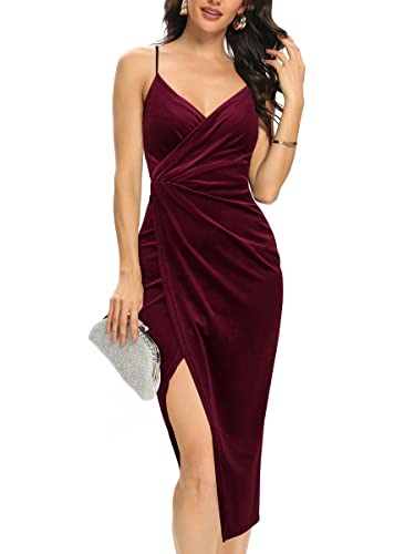 Missufe Cocktailkleid Wickelkleid Festliche Bodycon Abendkleider Damen Partykleid Sommerkleid Midikleid Elegant Hochzeit Ärmellos Spaghettiträger Kleider (Dunkelrot, Mittel) von Missufe