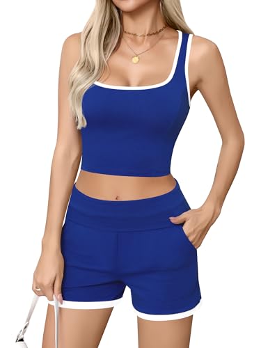 Missufe Damen 2 Teiler Outfits Ärmelloses Crop Tank Top und Shorts Kurze Hose Sommer Sport Hausanzug Set (Dunkelblau, Medium) von Missufe