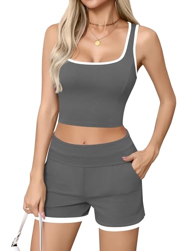 Missufe Damen 2 Teiler Outfits Ärmelloses Crop Tank Top und Shorts Kurze Hose Sommer Sport Hausanzug Set (Grau, Large) von Missufe