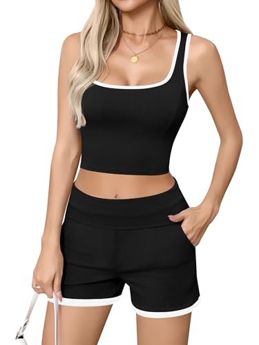 Missufe Damen 2 Teiler Outfits Ärmelloses Crop Tank Top und Shorts Kurze Hose Sommer Sport Hausanzug Set (Schwarz, Large) von Missufe