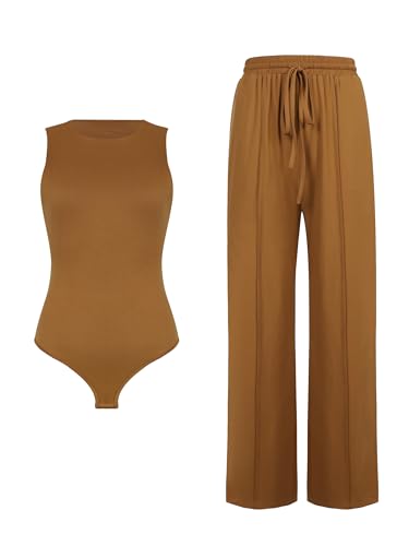 Missufe Damen 2 Teiler Outfits Body Tank Top und Sporthose Jogginghose Sweathose Yogahose Freizeithose Lang Sweatpants Set mit Tasche (Khaki, Medium) von Missufe