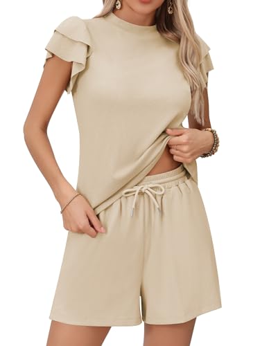 Missufe Damen 2 Teiler Outfits Kurzarm Stricktop und Shorts Kurze Hose Sommer Lockeres Hausanzug Set (Khaki, Large) von Missufe