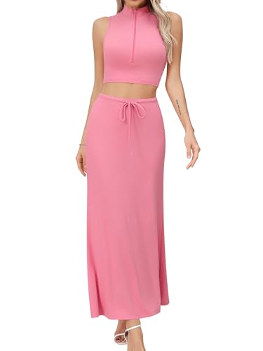Missufe Damen 2 Teiler Outfits Sommer Ärmelloses Crop Top und Langer Maxirock Strick Reißverschluss Set Zweiteiliger Anzug (Bonbonrosa, Medium) von Missufe