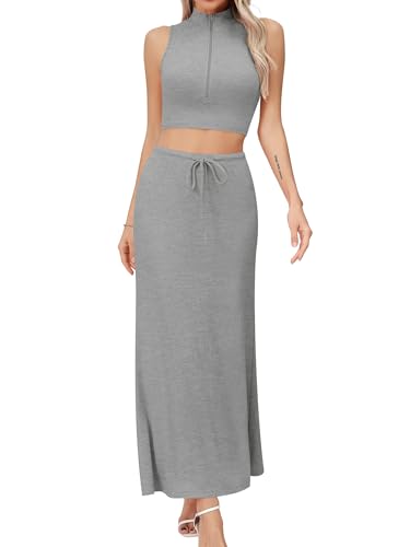 Missufe Damen 2 Teiler Outfits Sommer Ärmelloses Crop Top und Langer Maxirock Strick Reißverschluss Set Zweiteiliger Anzug (Grau meliert, Small) von Missufe