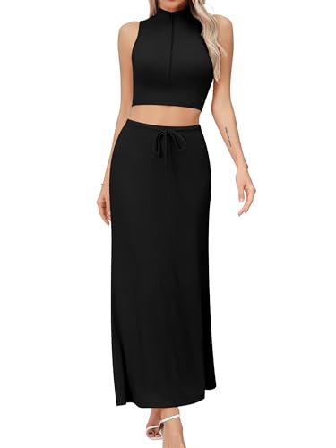 Missufe Damen 2 Teiler Outfits Sommer Ärmelloses Crop Top und Langer Maxirock Strick Reißverschluss Set Zweiteiliger Anzug (Schwarz, Medium) von Missufe