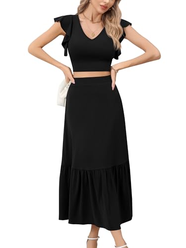 Missufe Damen 2 Teiler Outfits Sommer Rüsche Crop Top und Langer A Linien Rock Set Zweiteiliger Anzug（Schwarz, X-Groß） von Missufe