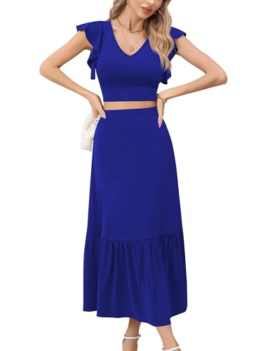 Missufe Damen 2 Teiler Outfits Sommer Rüsche Crop Top und Langer A Linien Rock Set Zweiteiliger Anzug (Königsblau, X-Groß) von Missufe
