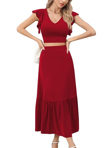 Missufe Damen 2 Teiler Outfits Sommer Rüsche Crop Top und Langer A Linien Rock Set Zweiteiliger Anzug (Rot, Mittel) von Missufe
