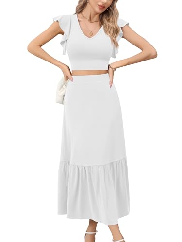 Missufe Damen 2 Teiler Outfits Sommer Rüsche Crop Top und Langer A Linien Rock Set Zweiteiliger Anzug (Weiß, X-Groß) von Missufe