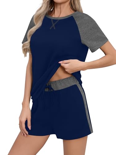 Missufe Damen 2025 Schlafanzug Kurzarm Top und Shorts Pyjama Set Sommer Nachtwäsche Sleepwear 2 Teiler Outfit mit Taschen (Blau, Mittel) von Missufe
