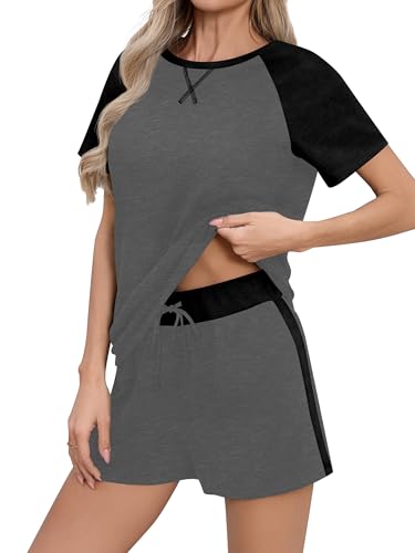 Missufe Damen 2025 Schlafanzug Kurzarm Top und Shorts Pyjama Set Sommer Nachtwäsche Sleepwear 2 Teiler Outfit mit Taschen (Grau, Groß) von Missufe
