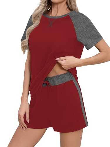 Missufe Damen 2025 Schlafanzug Kurzarm Top und Shorts Pyjama Set Sommer Nachtwäsche Sleepwear 2 Teiler Outfit mit Taschen (Rot, Groß) von Missufe