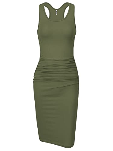 Missufe Damen Ärmelloses Racerback Tank Ruched Bodycon Sommerkleid Midi Fitted Freizeitkleid, Army Green-01, Mittel von Missufe