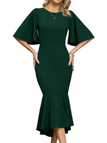 Missufe Damen Abendkleid Cocktail Festlich Meerjungfrau Bodycon Rundhalsausschnitt Ausgestelltes Kurzarm Figurbetont Midi Ballkleid (Dunkelgrün, Klein) von Missufe