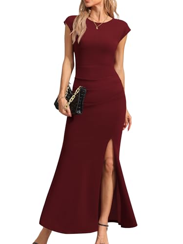 Missufe Damen Abendkleid Cocktailkleid Ballkleid Maxikleid Lang Elegant Hochzeit Festlich Bodycon Meerjungfrau Kleider mit Schlitz (Weinrot, X-Large) von Missufe