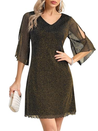 Missufe Damen Abendkleid Cocktailkleid Partykleid Eleagnt 3/4 Glockenärmeln V Ausschnitt Hochzeitsgast Kleider (Gold, Medium) von Missufe
