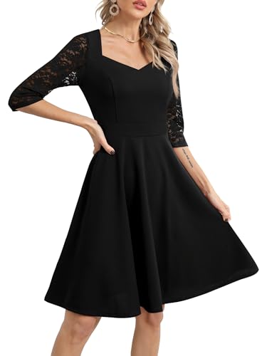 Missufe Damen Abendkleid V-Ausschnitt 3/4 Ärmel A Linie Swing Party Cocktail Ballkleid Spitzenkleid (Schwarz, Groß) von Missufe