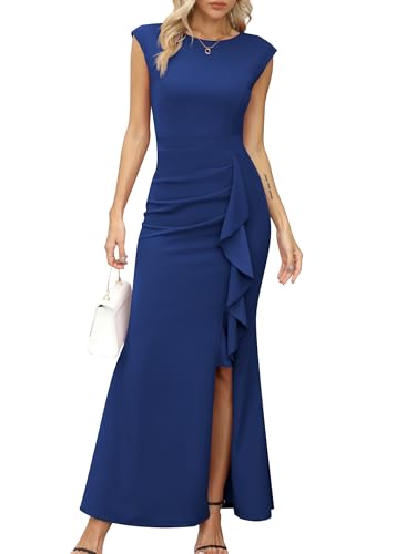 Missufe Damen Ballkleid Maxi Abendkleider Flügelärmel Cocktail Rüsche Schlitz Meerjungfrau Bodycon Hochzeit Festlich Kleid (Blau, X-klein) von Missufe