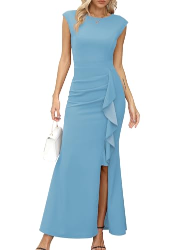 Missufe Damen Ballkleid Maxi Abendkleider Flügelärmel Cocktail Rüsche Schlitz Meerjungfrau Bodycon Hochzeit Festlich Kleid (Hellblau, X-klein) von Missufe