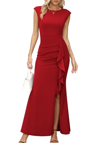 Missufe Damen Ballkleid Maxi Abendkleider Flügelärmel Cocktail Rüsche Schlitz Meerjungfrau Bodycon Hochzeit Festlich Kleid (Rot, Mittel) von Missufe