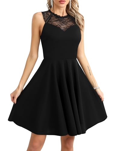 Missufe Damen Ballkleider Abendkleid Cocktailkleid Partykleid Elegant A Linien Swing Hochzeitsgast Skaterkleid Festlich Spitze Ärmellos Kleider (Schwarz, Large) von Missufe