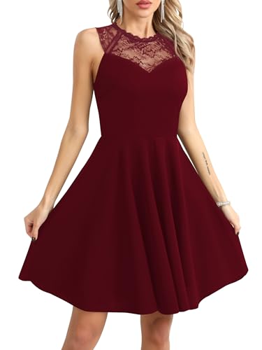 Missufe Damen Ballkleider Abendkleid Cocktailkleid Partykleid Elegant A Linien Swing Hochzeitsgast Skaterkleid Festlich Spitze Ärmellos Kleider (Weinrot, Medium) von Missufe