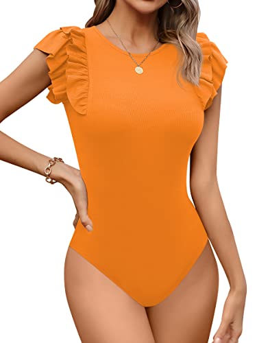 Missufe Damen Body Bodysuit Elegant Top Damen Body Rundhals Rüschen Kurzarm (Orange, Mittel) von Missufe