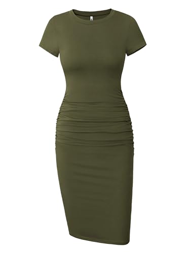 Missufe Damen Bodycon Etuikleid Elegant Knielang Kleider Rüschen Kleid eng (M, Armeegrün) von Missufe