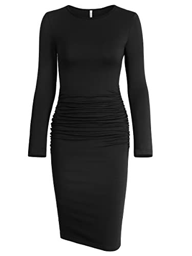 Missufe Damen Bodycon Gerafftes Kleider Knielang Bleistiftkleid Kurzarm (L, schwarz) von Missufe