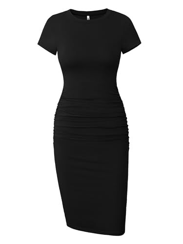Missufe Damen Bodycon Gerafftes Kleider Knielang Bleistiftkleid Kurzarm (M, schwarz) von Missufe
