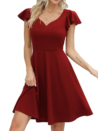 Missufe Damen Cocktailkleid Elegant Vintage Minikleid Kurz A-Linie Herzausschnitt Kleider (Burgunderrot, klein) von Missufe
