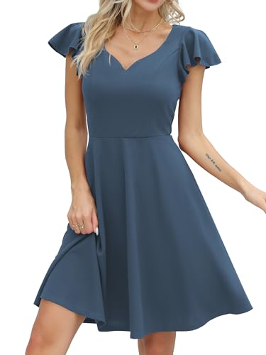 Missufe Damen Cocktailkleid Elegant Vintage Minikleid Kurz A-Linie Herzausschnitt Kleider (Dunstblau, X-groß) von Missufe