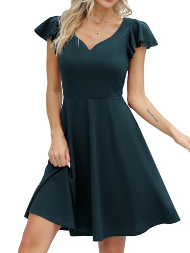 Missufe Damen Cocktailkleid Elegant Vintage Minikleid Kurz A-Linie Herzausschnitt Kleider (Pfauenblau, X-klein) von Missufe