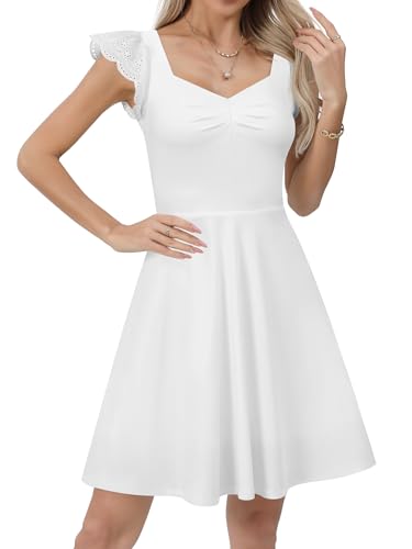 Missufe Damen Cocktailkleid Party Rockabilly V-Ausschnitt Flatterärmel Figurbetont A Linien Swing Kleider (Cremeweiß, Groß) von Missufe