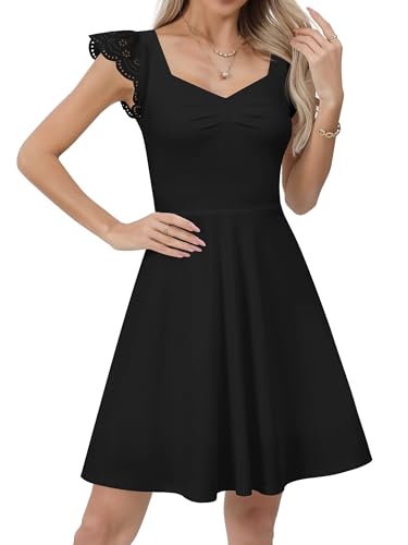 Missufe Damen Cocktailkleid Party Rockabilly V-Ausschnitt Flatterärmel Figurbetont A Linien Swing Kleider (Schwarz, Groß) von Missufe