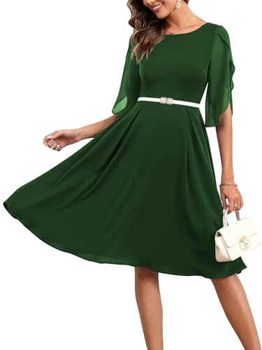 Missufe Damen Cocktailkleid Partykleid Abendkleid Chiffonkleid Elegant Knielang A Linien Festlich Swing Tulpen Halbarm Kleider (Dunkelgrün, Mittel) von Missufe