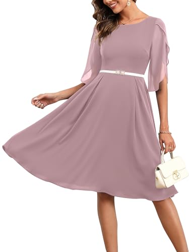 Missufe Damen Cocktailkleid Partykleid Abendkleid Chiffonkleid Elegant Knielang A Linien Festlich Swing Tulpen Halbarm Kleider (Erröten Rosa, Large) von Missufe