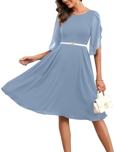 Missufe Damen Cocktailkleid Partykleid Abendkleid Chiffonkleid Elegant Knielang A Linien Festlich Swing Tulpen Halbarm Kleider (Hellblau, X-Large) von Missufe