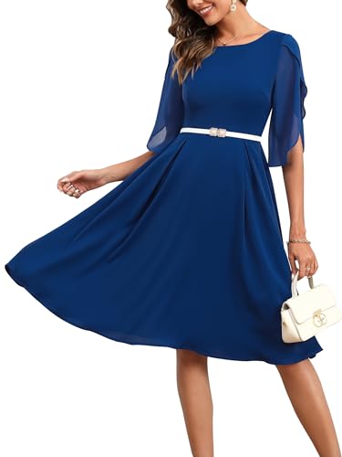Missufe Damen Cocktailkleid Partykleid Abendkleid Chiffonkleid Elegant Knielang A Linien Festlich Swing Tulpen Halbarm Kleider (Königsblau, XX-Large) von Missufe
