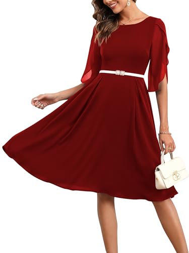 Missufe Damen Cocktailkleid Partykleid Abendkleid Chiffonkleid Elegant Knielang A Linien Festlich Swing Tulpen Halbarm Kleider (Weinrot, XS) von Missufe