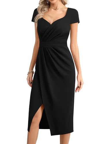 Missufe Damen Cocktailkleid Partykleid Elegant Abendkleid Hochzeitsgast Wickelkleid Midikleid Schlitz Bodycon Kurzarm Schatz Kleider (Schwarz, S) von Missufe