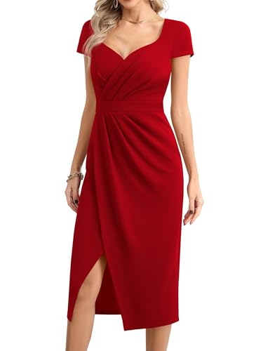Missufe Damen Cocktailkleid Partykleid Elegant Abendkleid Hochzeitsgast Wickelkleid Midikleid Schlitz Bodycon Kurzarm Schatz Kleider (rot, groß) von Missufe