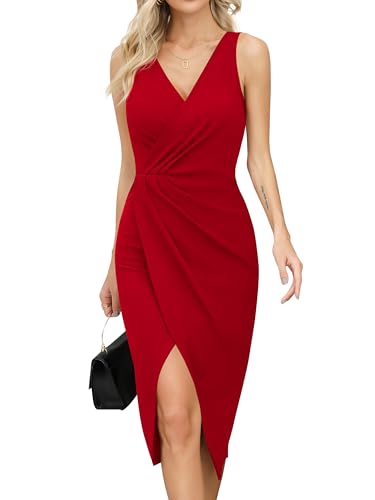 Missufe Damen Cocktailkleid V-Ausschnitt Wickelkleid Ärmellos Partykleid Schlitz Midikleid Hochzeit Abendkleider (Rot, X-groß) von Missufe